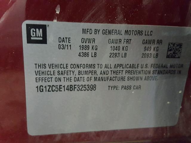 1G1ZC5E14BF325398 - 2011 CHEVROLET MALIBU 1LT RED photo 10
