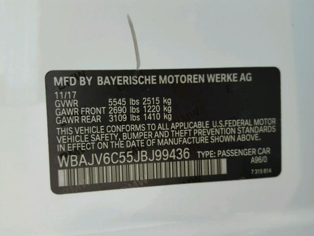 WBAJV6C55JBJ99436 - 2018 BMW 640 XIGT WHITE photo 10