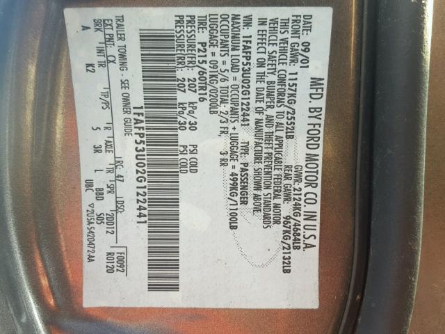 1FAFP53U02G122441 - 2002 FORD TAURUS SE GRAY photo 10