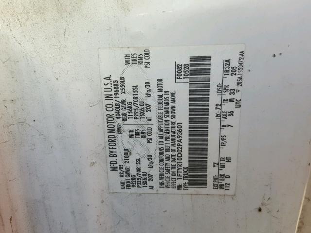 1FTYR10D02PA93601 - 2002 FORD RANGER WHITE photo 10