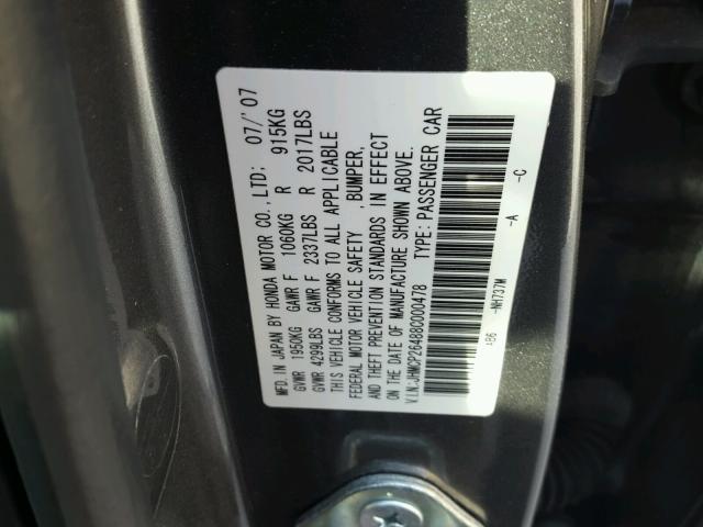 JHMCP26488C000478 - 2008 HONDA ACCORD LXP SILVER photo 10