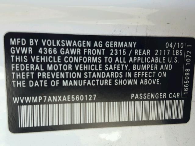 WVWMP7ANXAE560127 - 2010 VOLKSWAGEN CC SPORT WHITE photo 10