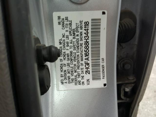 2HGFA16588H344118 - 2008 HONDA CIVIC LX SILVER photo 10