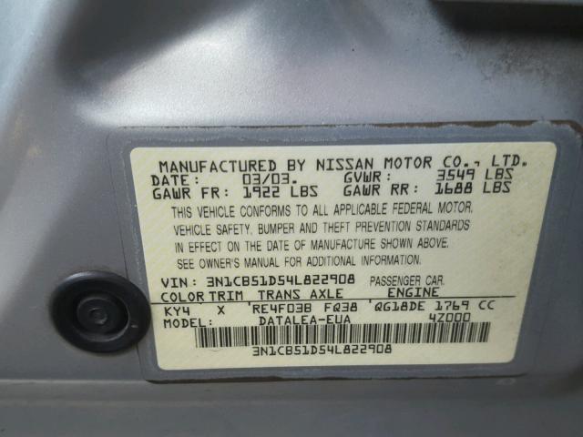 3N1CB51D54L822908 - 2004 NISSAN SENTRA 1.8 SILVER photo 10