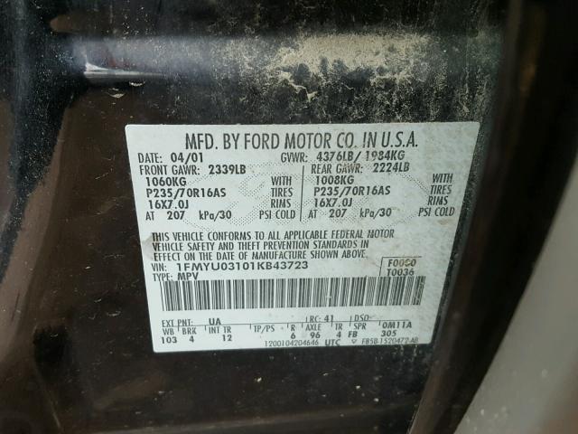 1FMYU03101KB43723 - 2001 FORD ESCAPE XLT BLACK photo 10