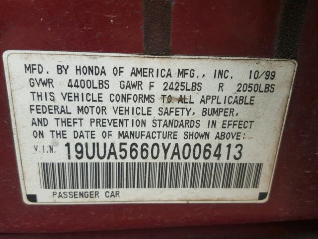 19UUA5660YA006413 - 2000 ACURA 3.2TL MAROON photo 10