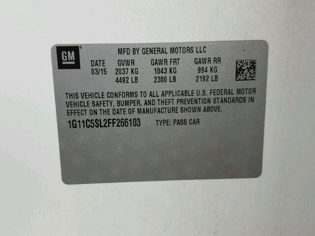 1G11C5SL2FF266103 - 2015 CHEVROLET MALIBU 1LT 白色 照片 10