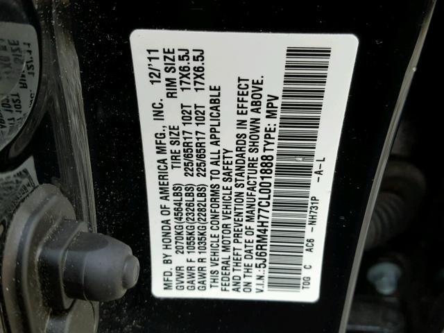 5J6RM4H77CL001888 - 2012 HONDA CR-V EXL 黑色 照片 10