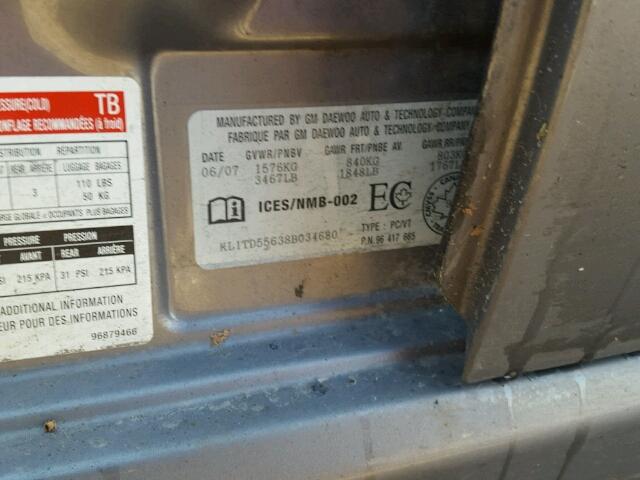 KL1TD55638B034680 - 2008 CHEVROLET AVEO BASE GRAY photo 10