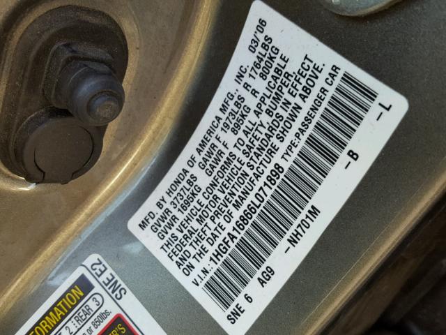 1HGFA16866L071898 - 2006 HONDA CIVIC EX GRAY photo 10