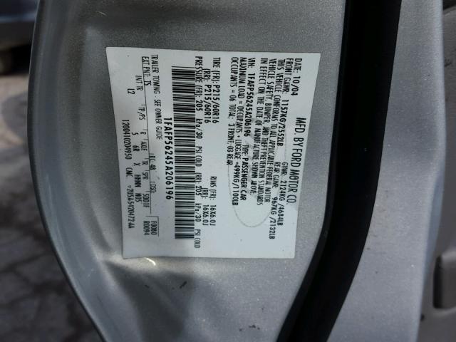 1FAFP56245A206196 - 2005 FORD TAURUS SEL SILVER photo 10