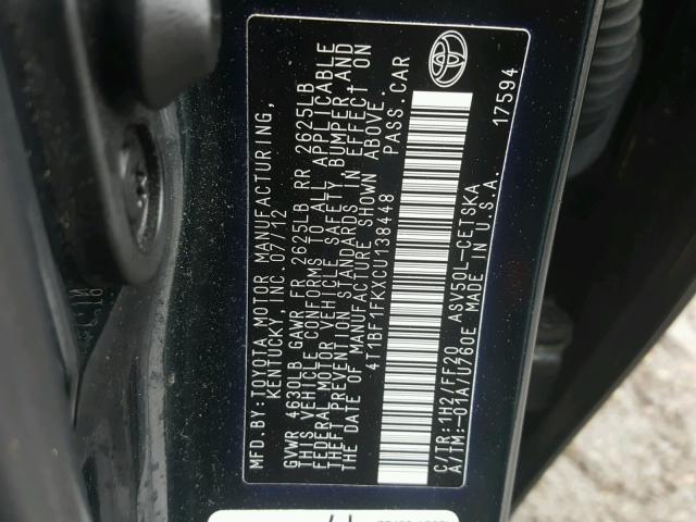 4T1BF1FKXCU138448 - 2012 TOYOTA CAMRY BASE ნაცრისფერი ფოტო 10