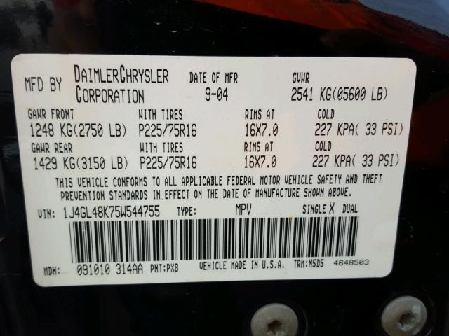 1J4GL48K75W544755 - 2005 JEEP LIBERTY SP BLACK photo 10