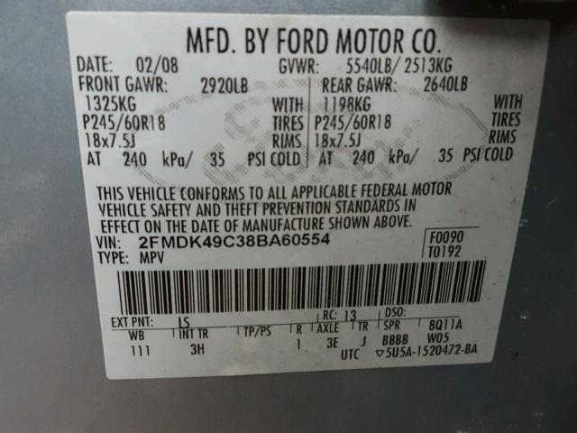 2FMDK49C38BA60554 - 2008 FORD EDGE LIMIT BLUE photo 10