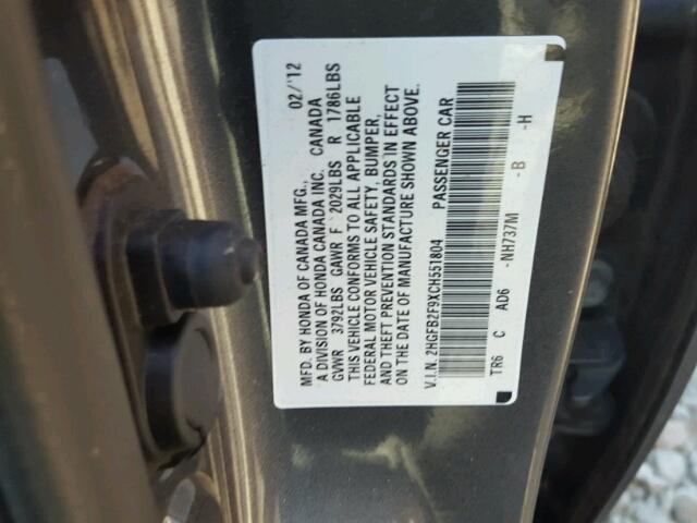 2HGFB2F9XCH551804 - 2012 HONDA CIVIC EXL 灰色 照片 10