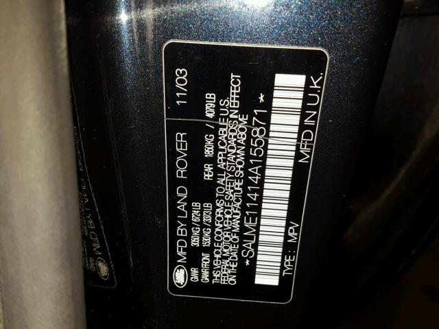 SALME11414A155871 - 2004 LAND ROVER RANGE ROVE BLUE photo 10