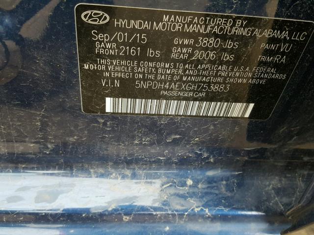 5NPDH4AEXGH753883 - 2016 HYUNDAI ELANTRA SE BLUE photo 10