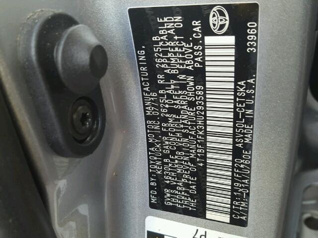 4T1BF1FK3HU293589 - 2017 TOYOTA CAMRY LE 银色 照片 10