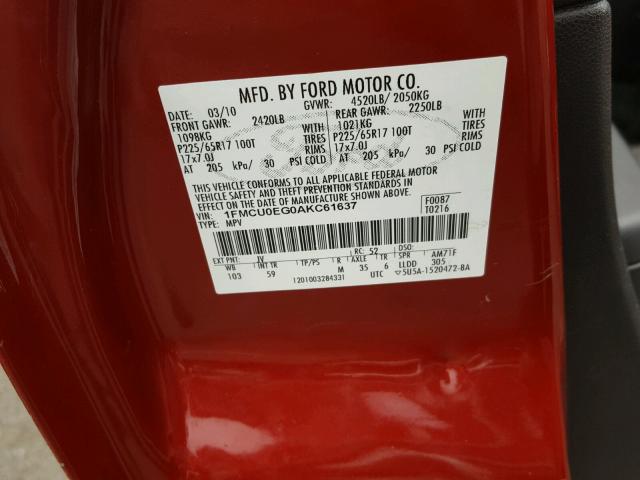 1FMCU0EG0AKC61637 - 2010 FORD ESCAPE LIM RED photo 10