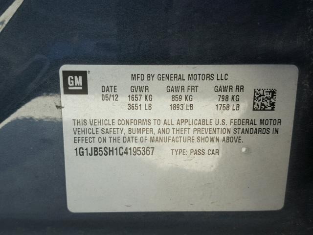 1G1JB5SH1C4195367 - 2012 CHEVROLET SONIC LS 银色 照片 10