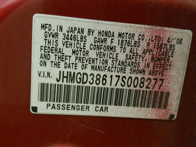 JHMGD38617S008277 - 2007 HONDA FIT S RED photo 10