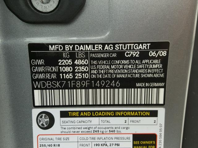 WDBSK71F89F149246 - 2009 MERCEDES-BENZ SL 550 GRAY photo 10