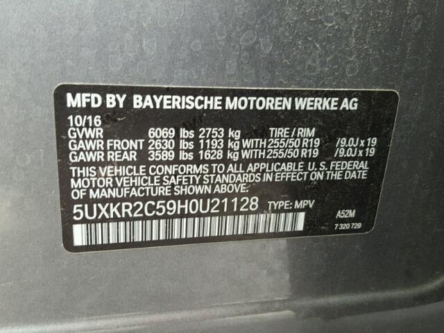 5UXKR2C59H0U21128 - 2017 BMW X5 SDRIVE3 GRAY photo 10