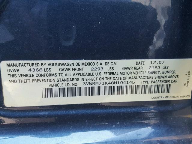 3VWRM71K48M104145 - 2008 VOLKSWAGEN JETTA SE أزرق صورة 10