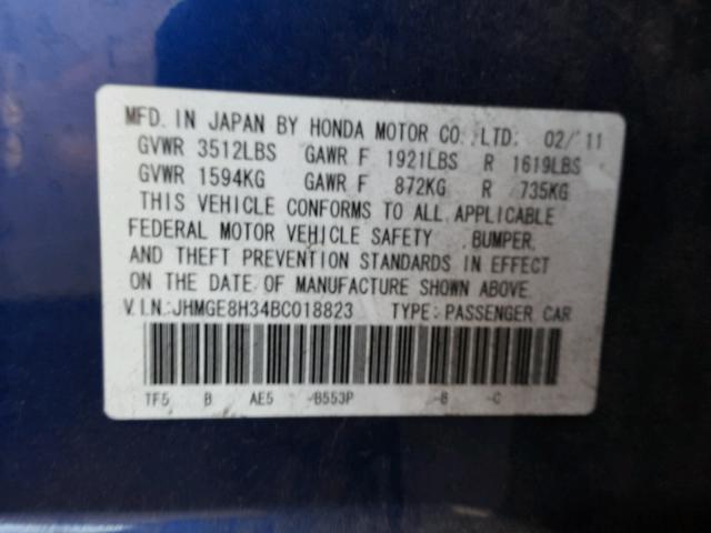 JHMGE8H34BC018823 - 2011 HONDA FIT BLUE photo 10