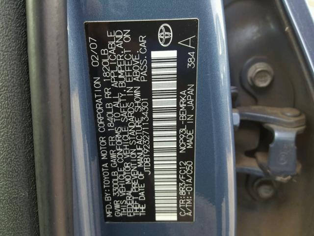 JTDBT923271134301 - 2007 TOYOTA YARIS BLUE photo 10