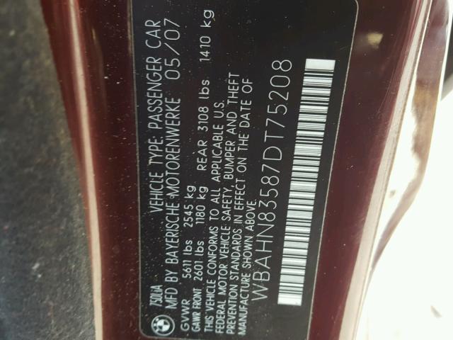 WBAHN83587DT75208 - 2007 BMW 750 BURGUNDY photo 10