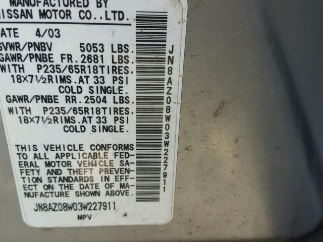 JN8AZ08W03W227911 - 2003 NISSAN MURANO SL GRAY photo 10