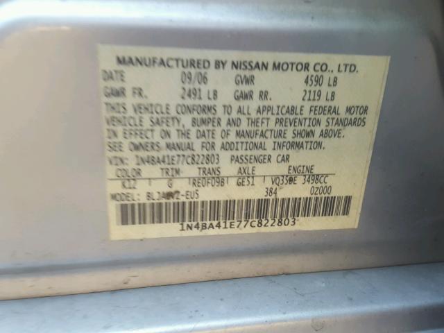 1N4BA41E77C822803 - 2007 NISSAN MAXIMA SE SILVER photo 10