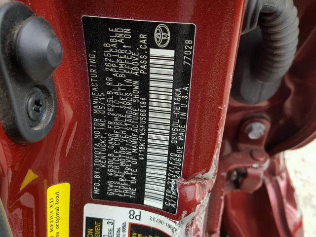 4T1BK1FK5FU566184 - 2015 TOYOTA CAMRY XSE RED photo 10