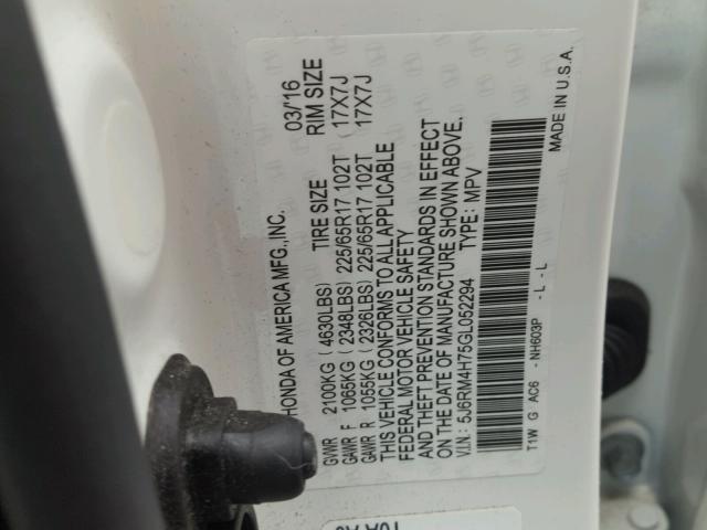 5J6RM4H75GL052294 - 2016 HONDA CR-V EXL 白色 照片 10