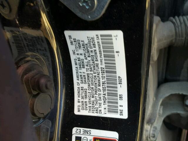 1HGFA16578L101922 - 2008 HONDA CIVIC LX BLACK photo 10