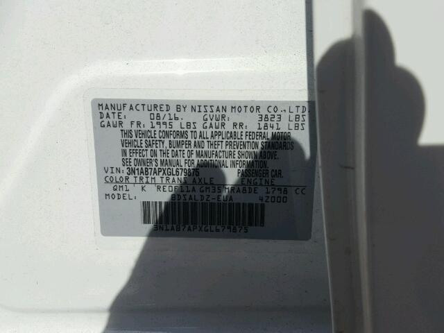 3N1AB7APXGL679875 - 2016 NISSAN SENTRA S WHITE photo 10