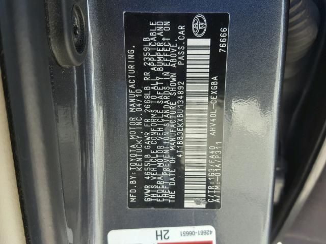 4T1BB3EKXBU134892 - 2011 TOYOTA CAMRY HYBR CHARCOAL photo 10