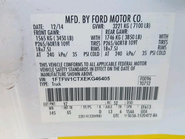 1FTFW1CTXEKG46405 - 2014 FORD F150 SUPER WHITE photo 10