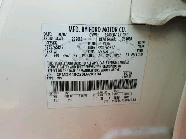 2FMDK48C28BA18104 - 2008 FORD EDGE SEL WHITE photo 10