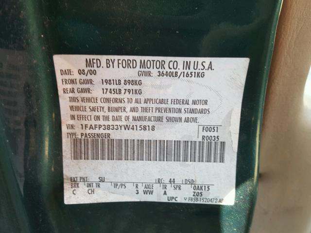 1FAFP3833YW415818 - 2000 FORD FOCUS ZTS GREEN photo 10