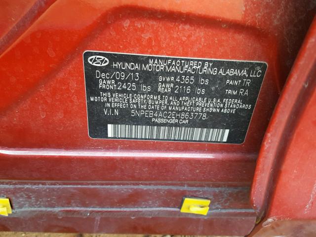 5NPEB4AC2EH863778 - 2014 HYUNDAI SONATA GLS RED photo 10