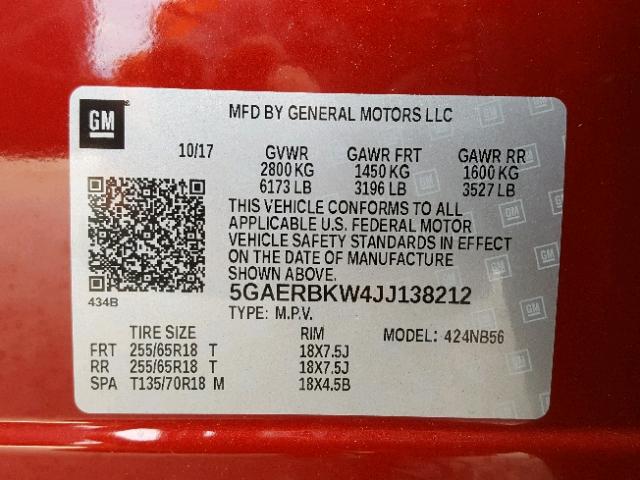 5GAERBKW4JJ138212 - 2018 BUICK ENCLAVE ES RED photo 10