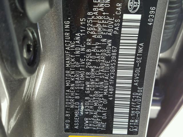 4T4BF1FK3GR539867 - 2016 TOYOTA CAMRY LE 灰色 照片 10