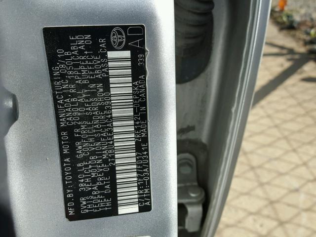 2T1BU4EE3AC463900 - 2010 TOYOTA COROLLA BA SILVER photo 10