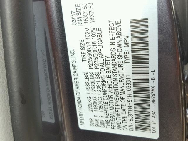 5J8TB4H51HL033311 - 2017 ACURA RDX TECHNO GRAY photo 10