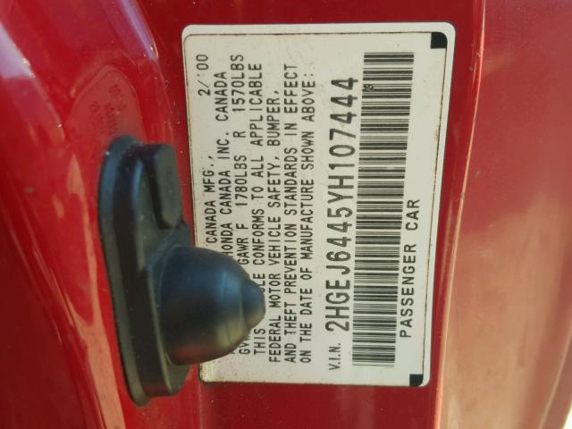 2HGEJ6445YH107444 - 2000 HONDA CIVIC DX RED photo 10