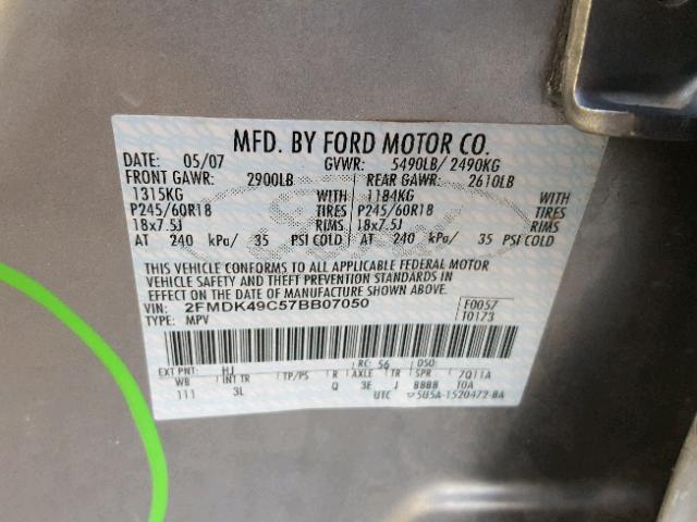 2FMDK49C57BB07050 - 2007 FORD EDGE SEL P TAN photo 10