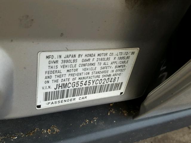 JHMCG5545YC020481 - 2000 HONDA ACCORD LX SILVER photo 10