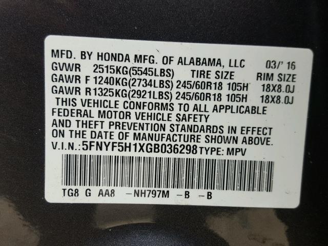 5FNYF5H1XGB036298 - 2016 HONDA PILOT LX GRAY photo 10